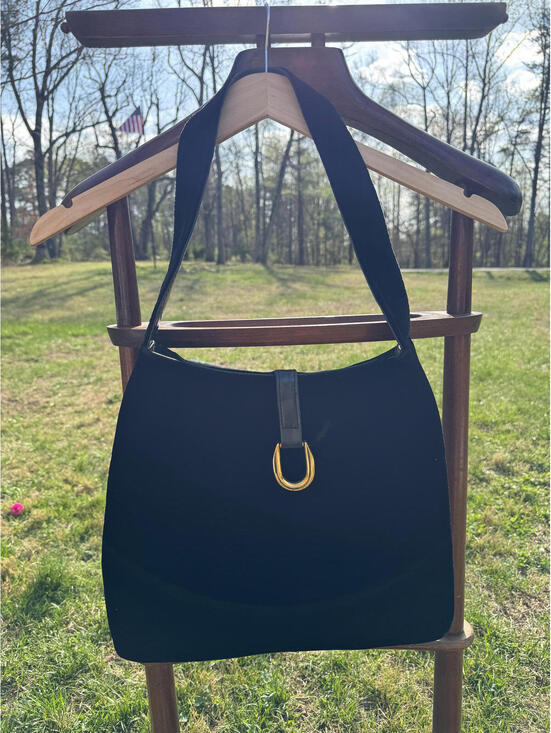 Handbags - Tianni Black Suede Shoulder Bag with Gold Hardware